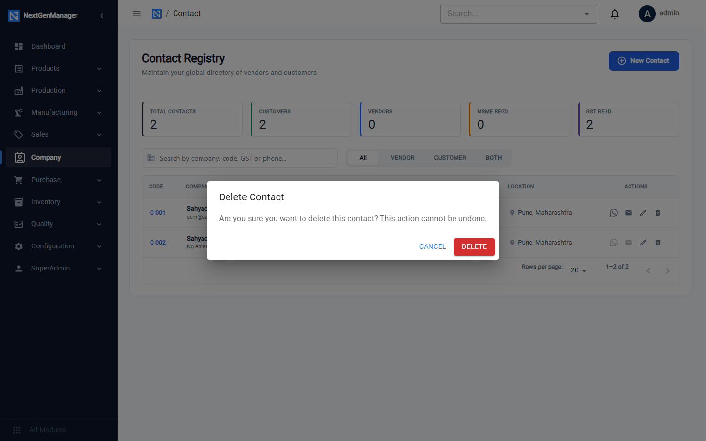 Deleting a contact asks for confirmation