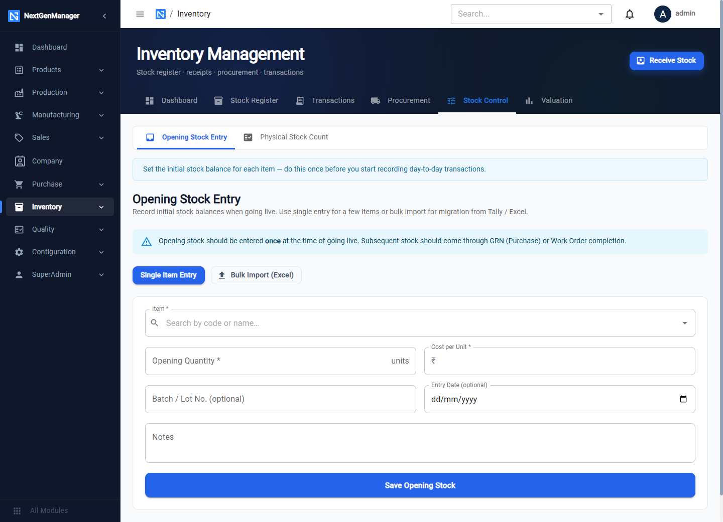 Opening Stock Entry