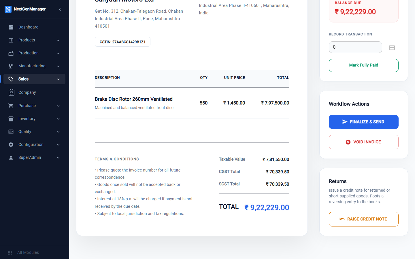 The lower part of the invoice