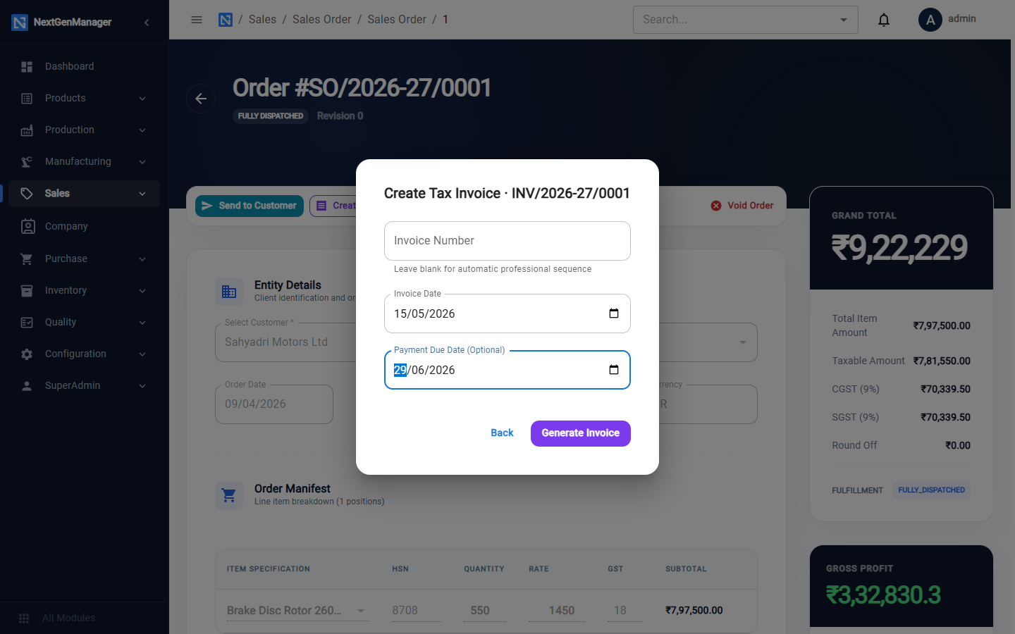 Generating an invoice