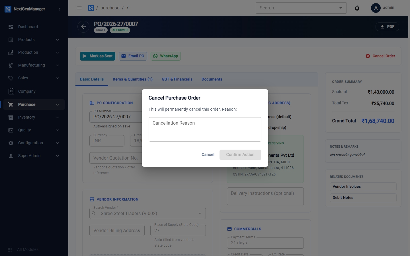 Cancelling a purchase order