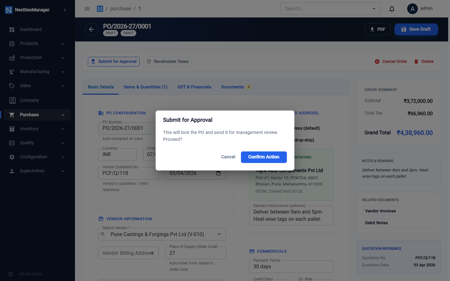 Submitting a purchase order for approval