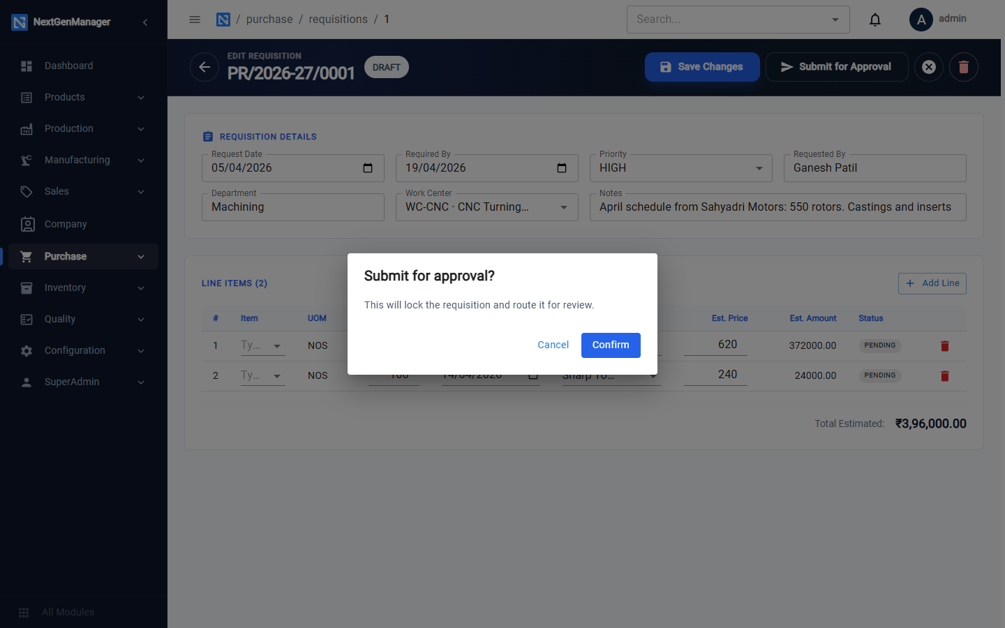 Submitting a requisition