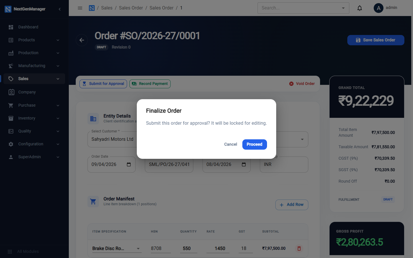Submitting a sales order