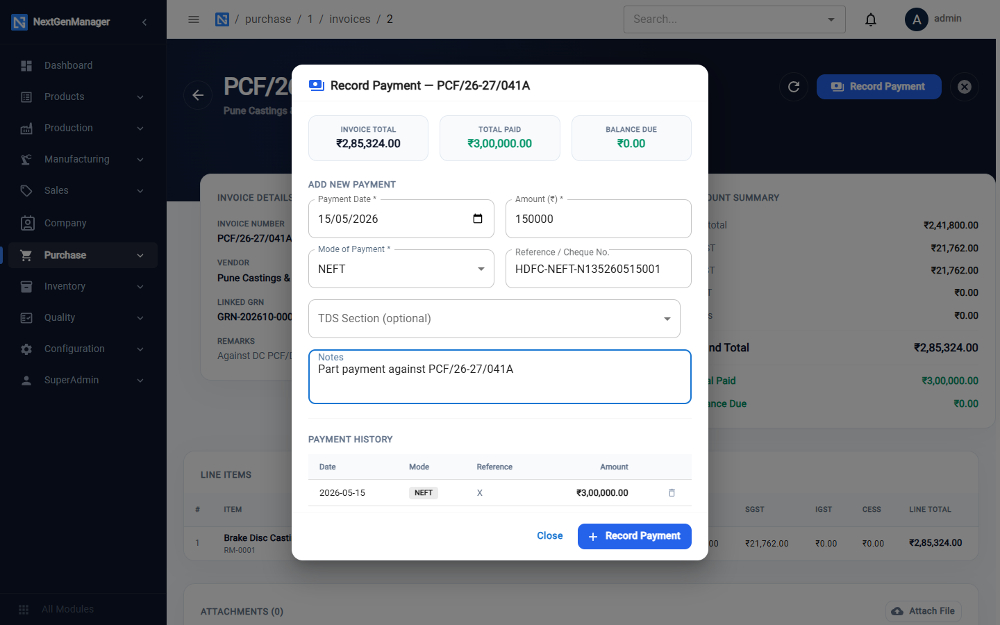 A part payment