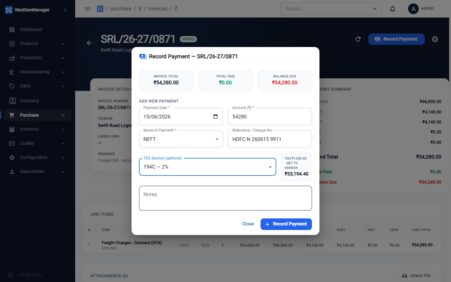 Choosing the TDS section on a payment