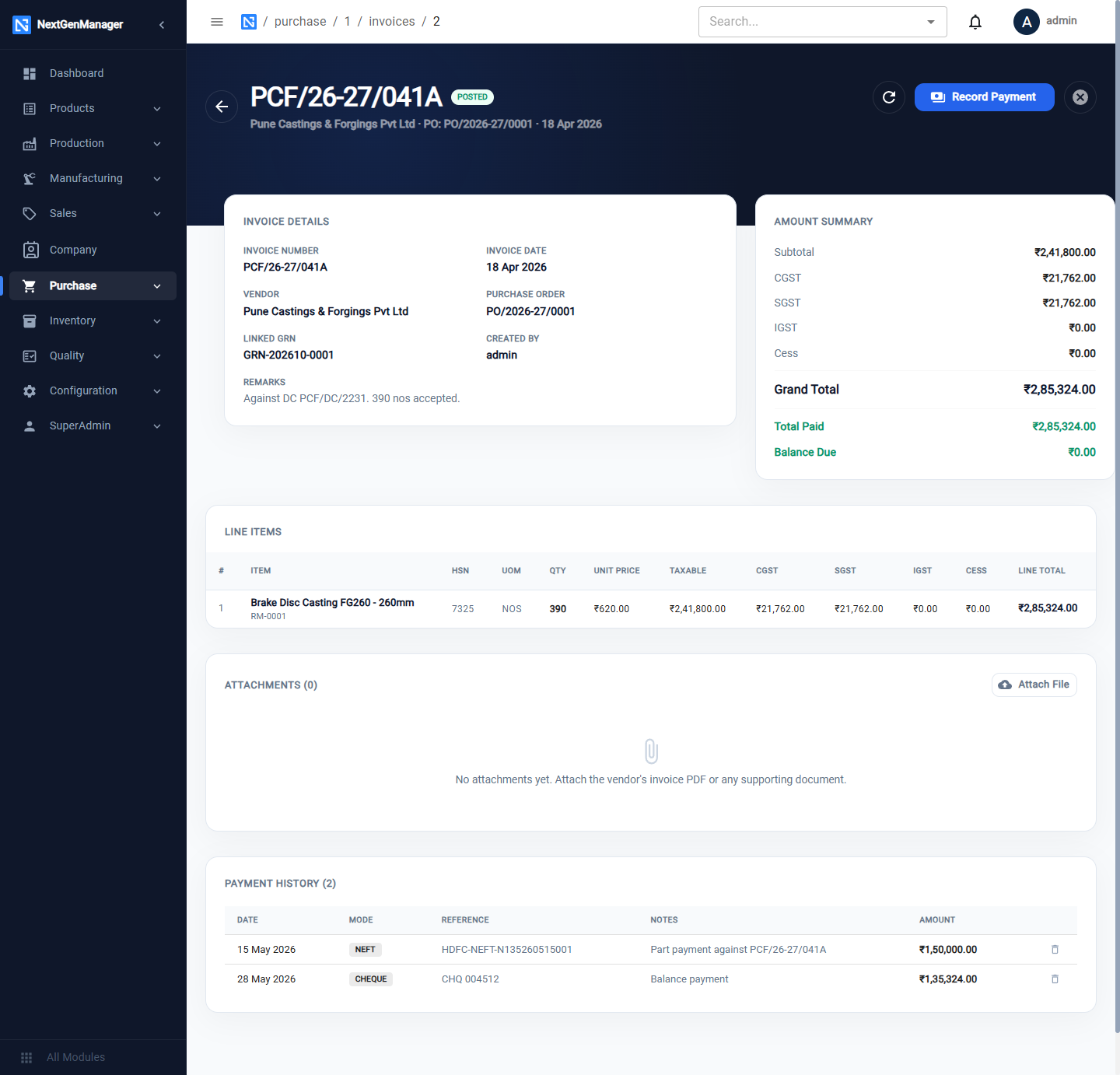 A posted and paid vendor invoice