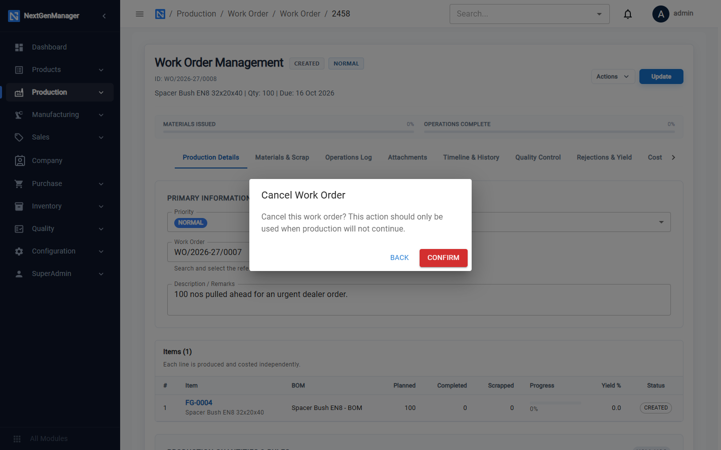 Cancelling a work order