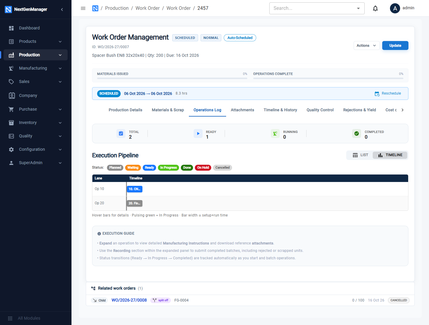A scheduled work order, timeline view