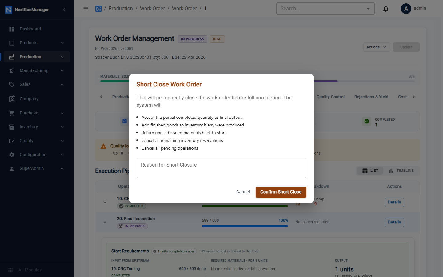 Short-closing a work order